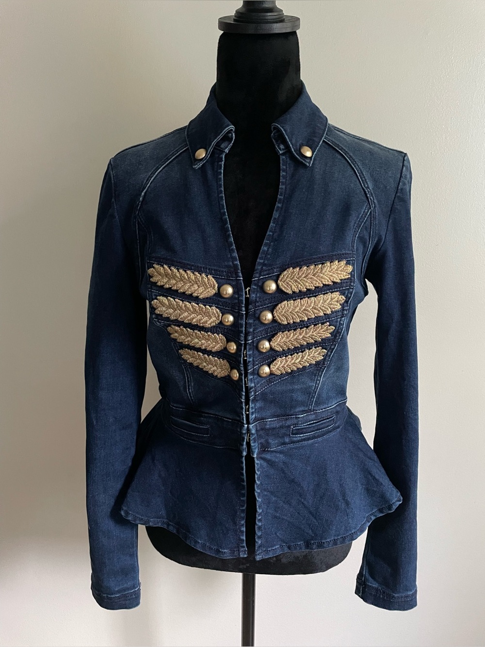 Bebe Denim Military Peplum Jacket Gold Leaf Embellished Fitted S/P